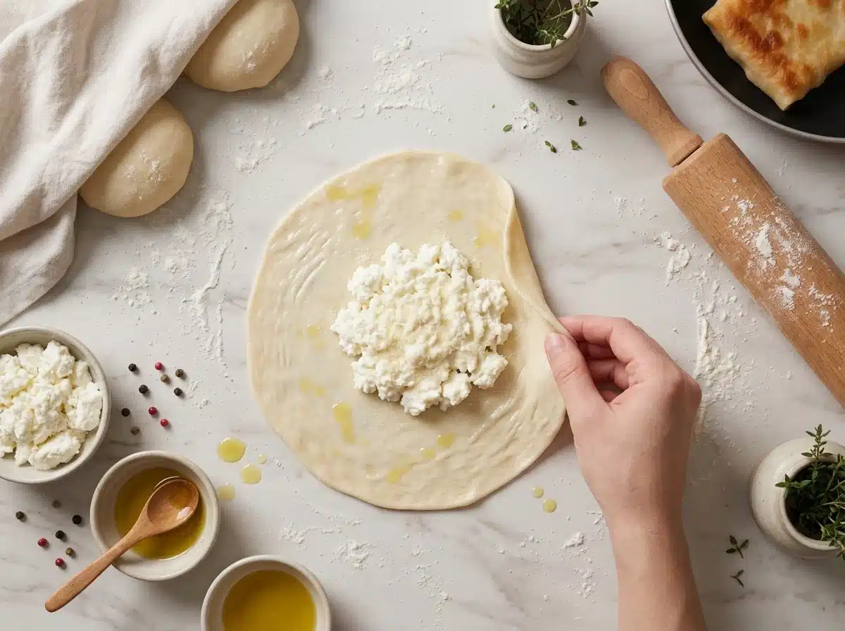 Hands folding thin dough edges over a mound of myzithra on a floured marble counter