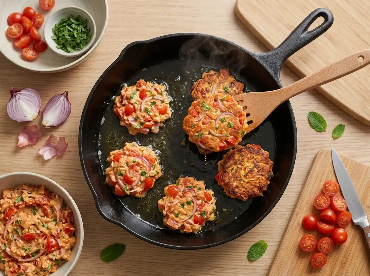 Spoonfuls of chunky tomato batter frying in olive oil in a skillet, edges turning golden brown