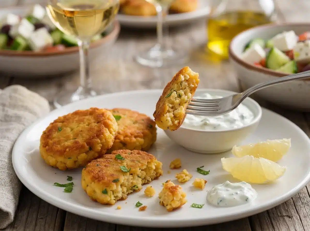 Friends sharing a table with tzatziki, Greek salad and white wine, linen napkins in soft evening light