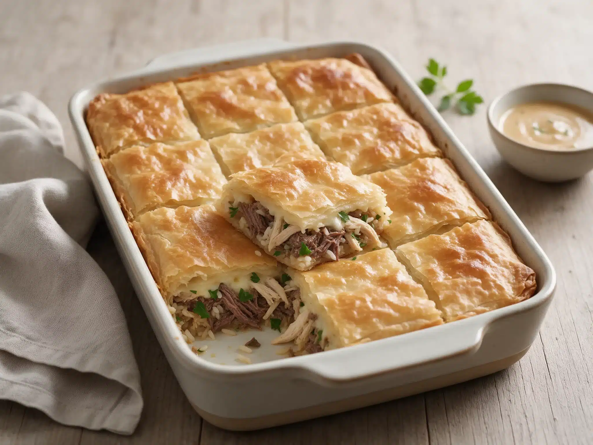 Baked Kefalonian Meat Pie with Rice and Olive Oil Pastry