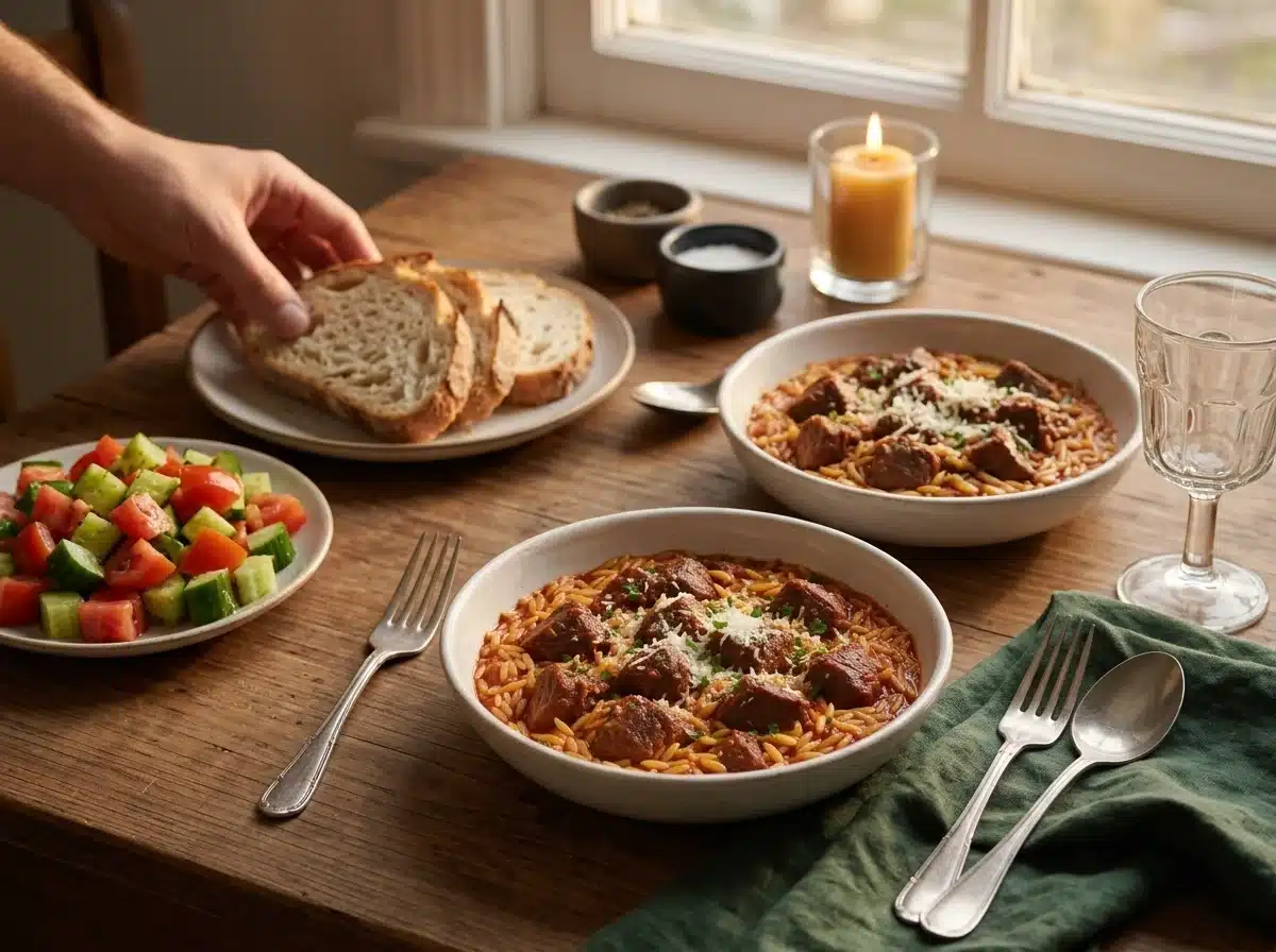 Two bowls of beef and orzo with a cucumber tomato salad, bread and red wine set on a linen-covered dinner table