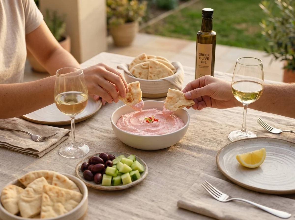 Two friends tearing pita into a shared dip on a sunlit linen table set with olives, cucumber and white wine
