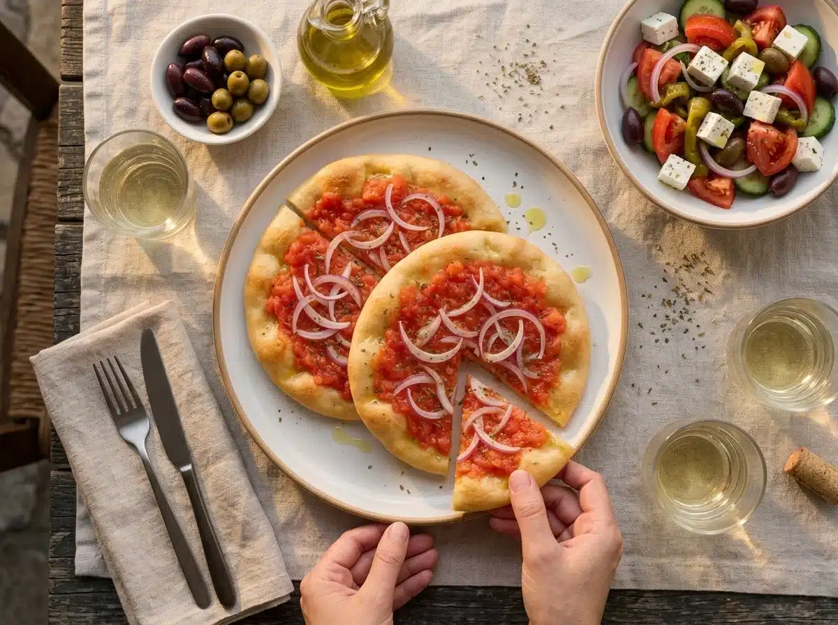 Sliced ladenia on a linen-covered table with olives, a Greek salad and two glasses of white wine