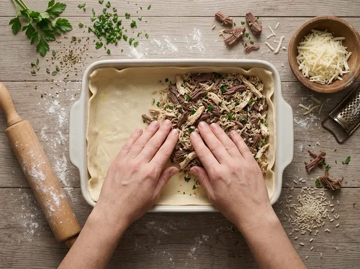 Hands pressing shredded beef, chicken and rice into a raw pastry shell in a baking dish on a floured marble counter