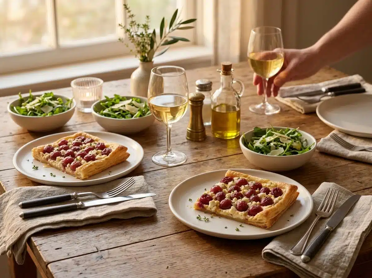 Two tart slices on white plates beside arugula salad and wine glasses at a sunlit wooden table