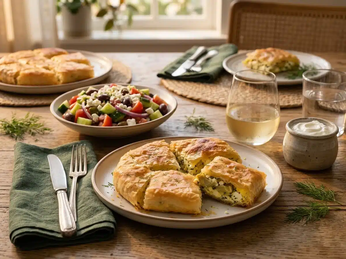 Two plates with warm pie squares, Greek salad and white wine on a linen-covered table by a sunny window