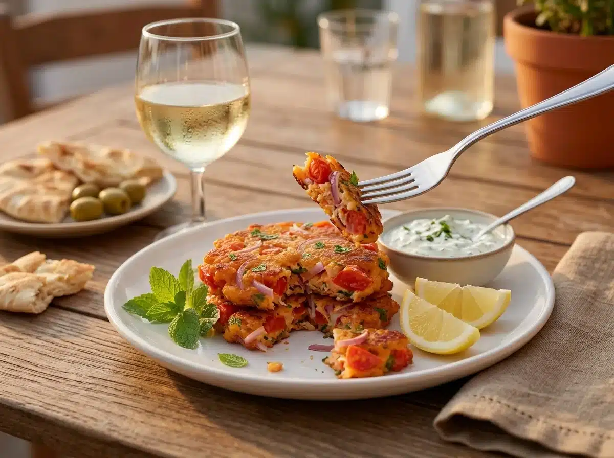Outdoor table set with fritters, tzatziki, olives and pita as two friends reach for a plate