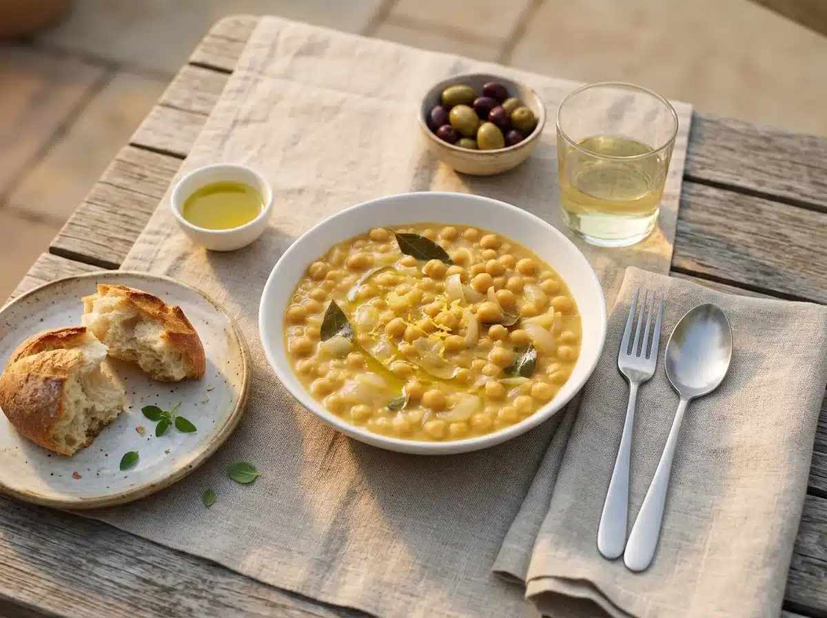 Two bowls of revithada with crusty bread, olives and a glass of white wine on a linen-covered outdoor table