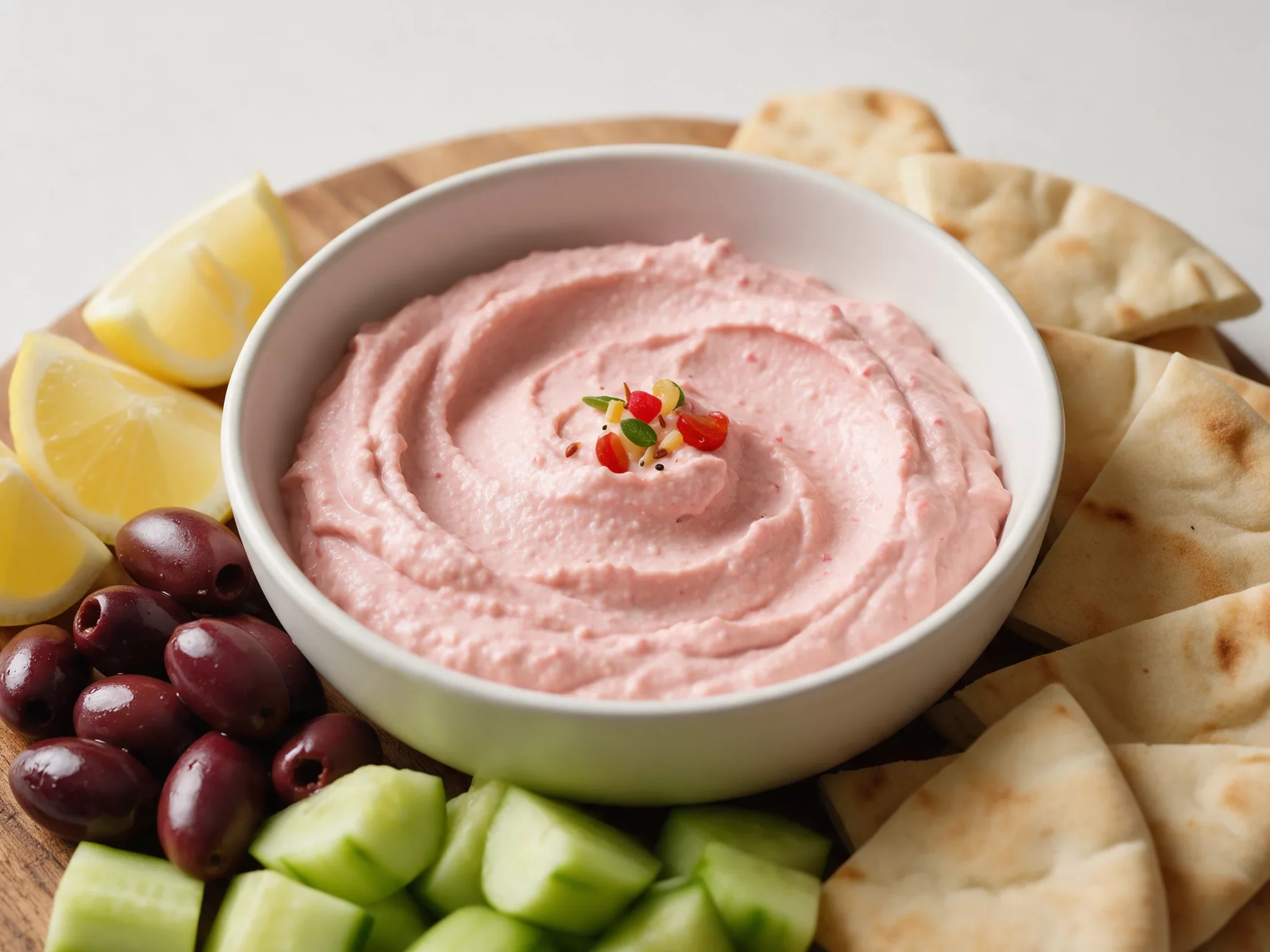 Pale pink taramosalata swirled in a white ceramic bowl with lemon wedges, olives and warm pita on a wooden board