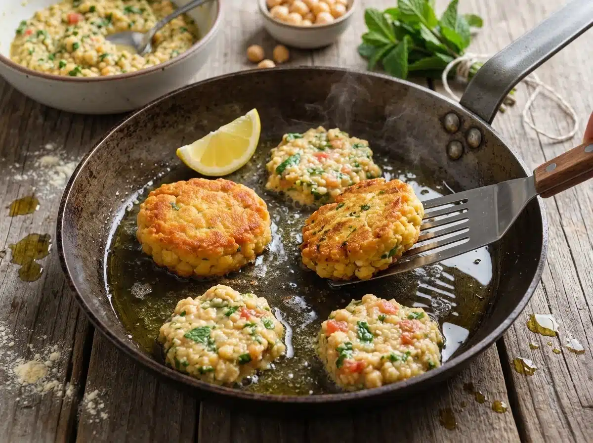 Spoonfuls of tomato and mint batter sizzling in olive oil in a skillet while one fritter is flipped