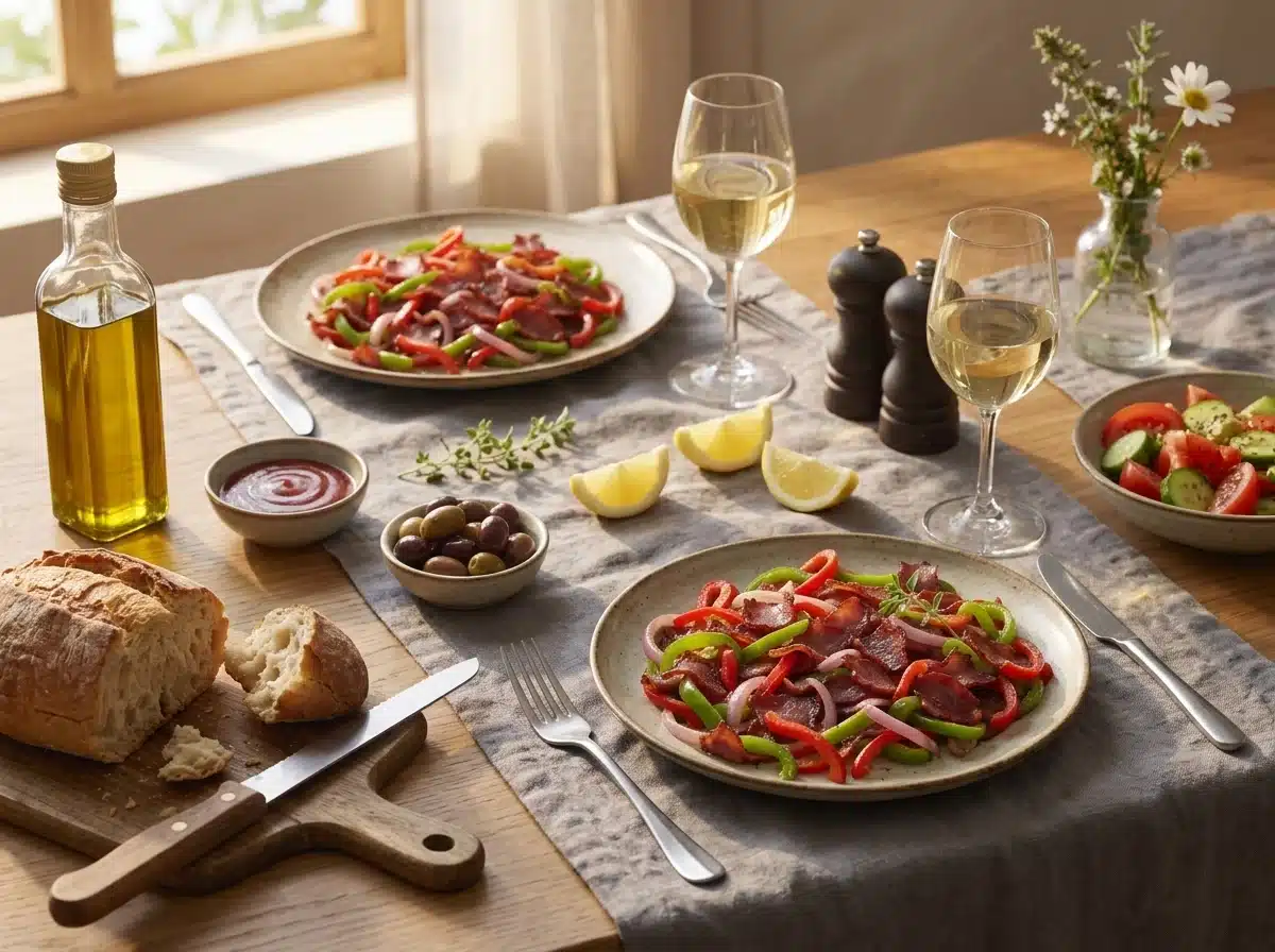 Two plates of apaki and peppers on a linen table beside crusty bread, lemon wedges and a tomato salad