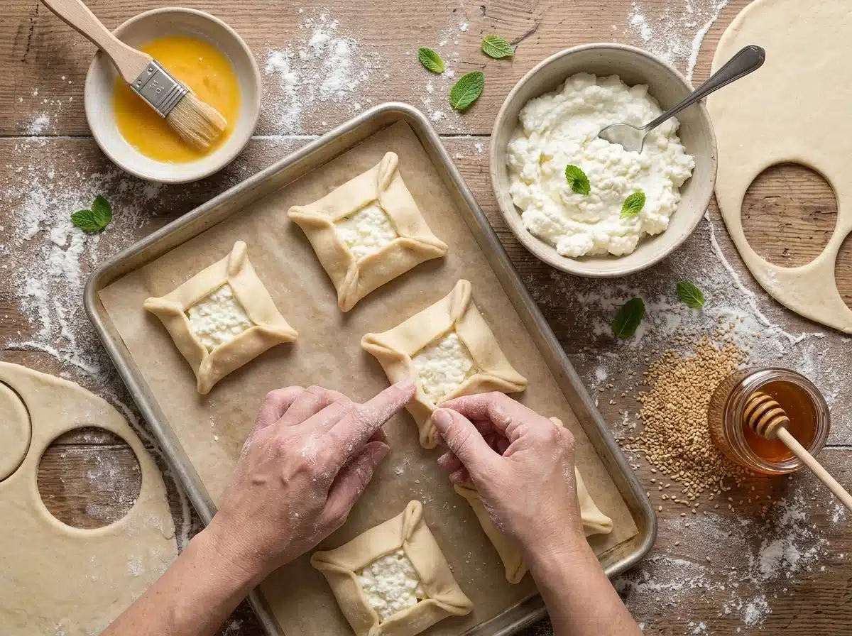 Hands pinching the corners of rolled dough rounds filled with white cheese mixture on a floured counter