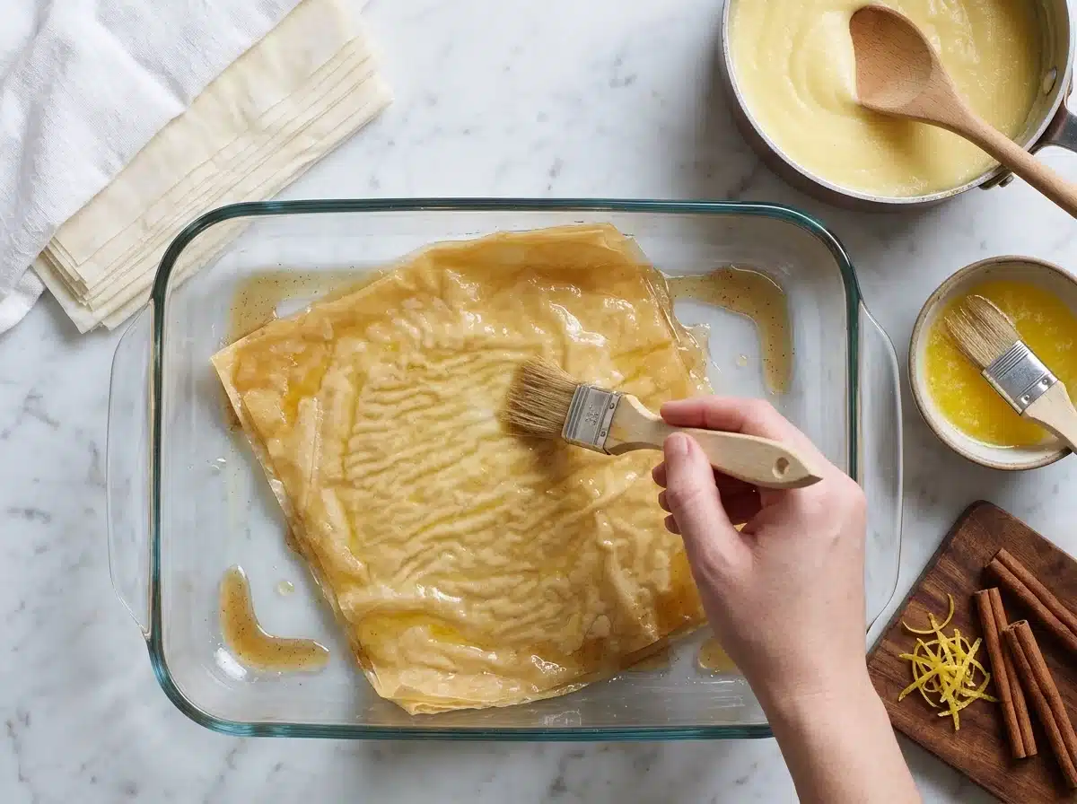 Hand brushing melted butter over a thin phyllo sheet laid in a rectangular glass dish before the custard goes in