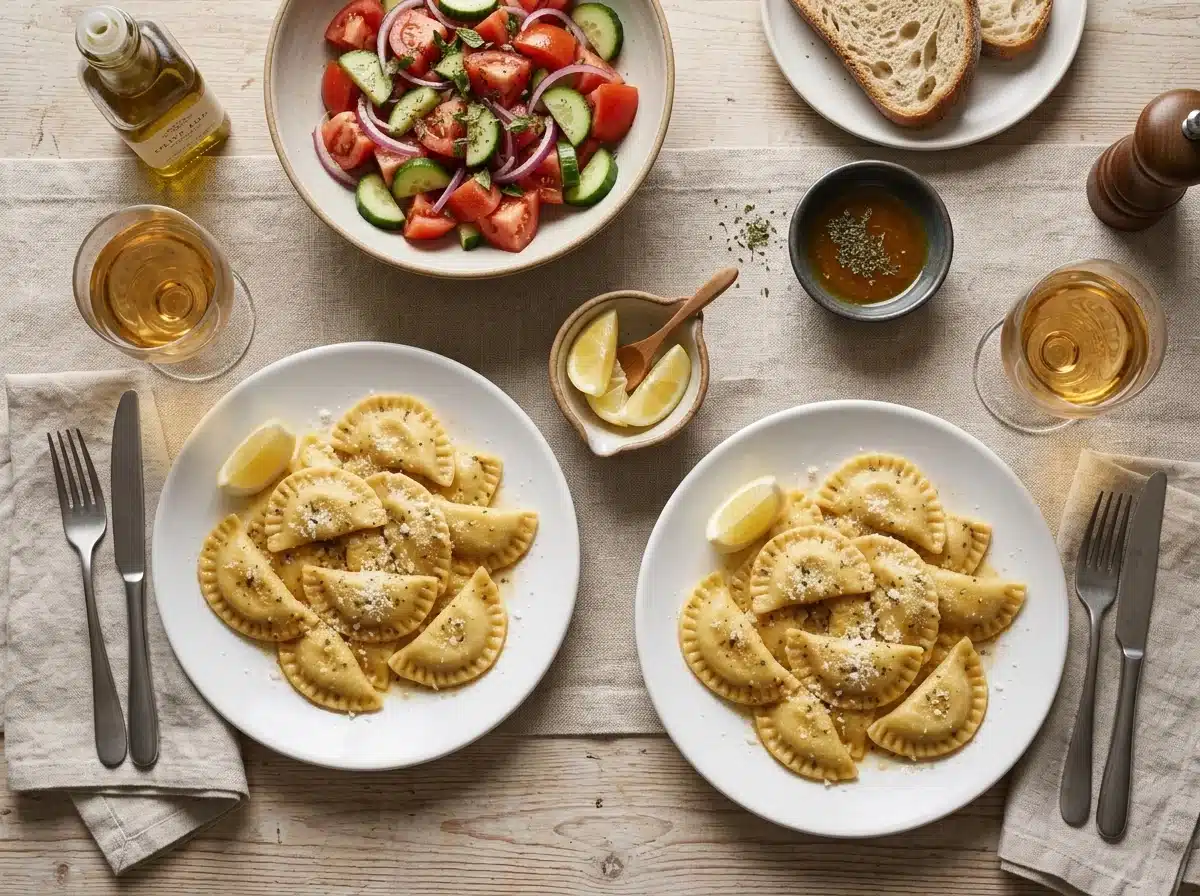Two bowls of ravioli on a linen-covered table with lemon wedges, a cucumber salad and wine glasses