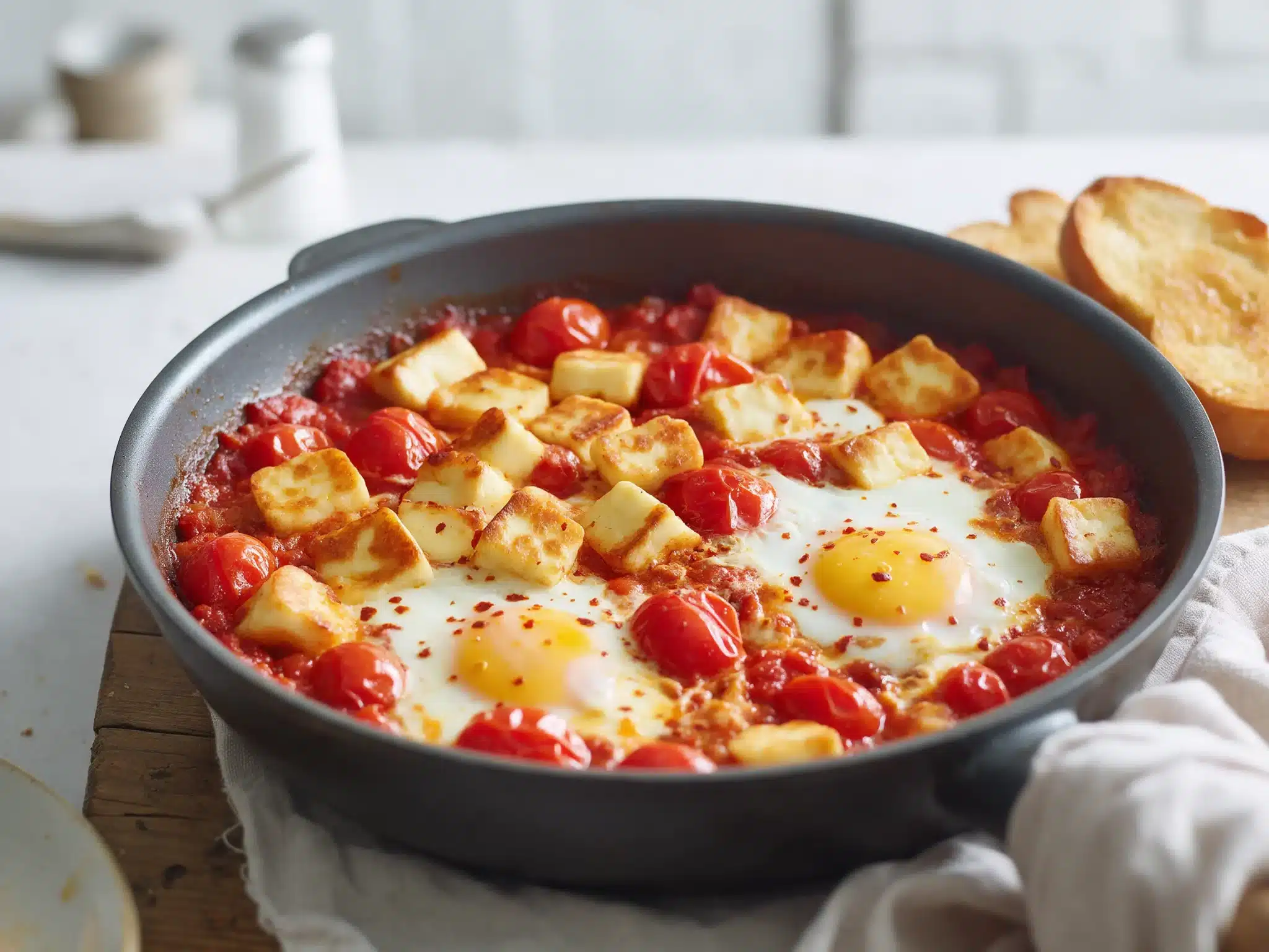 Skillet of baked eggs and halloumi cubes in garlicky tomato sauce with cherry tomatoes