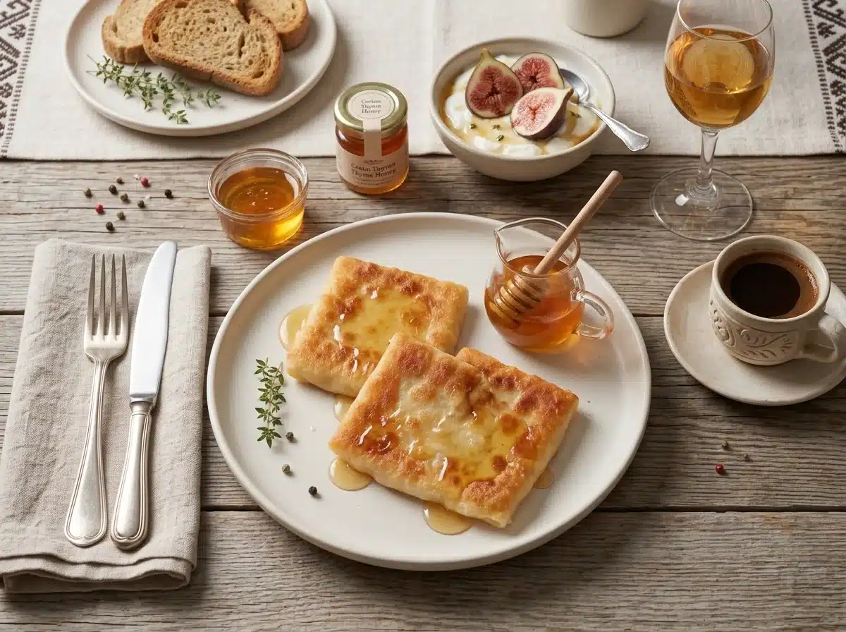 Two honey-drizzled cheese pies beside yogurt, sliced figs, and coffee on a linen-covered breakfast table
