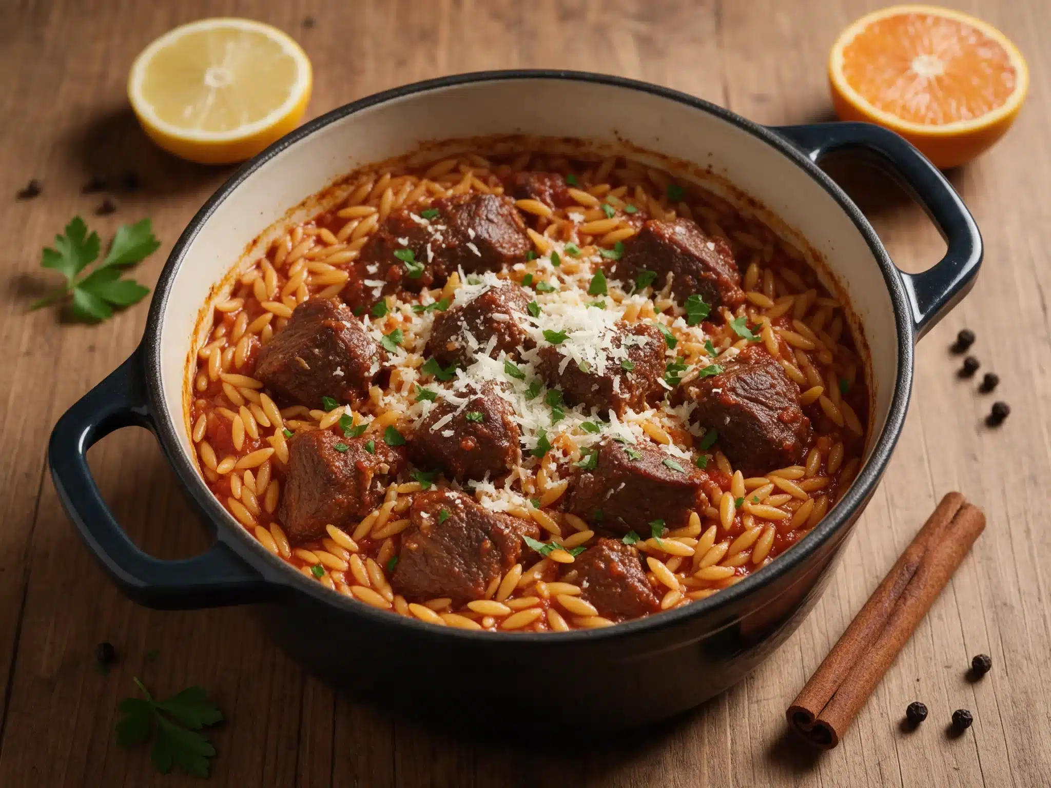 Oven-Baked Beef Giouvetsi with Orzo and Warm Cinnamon