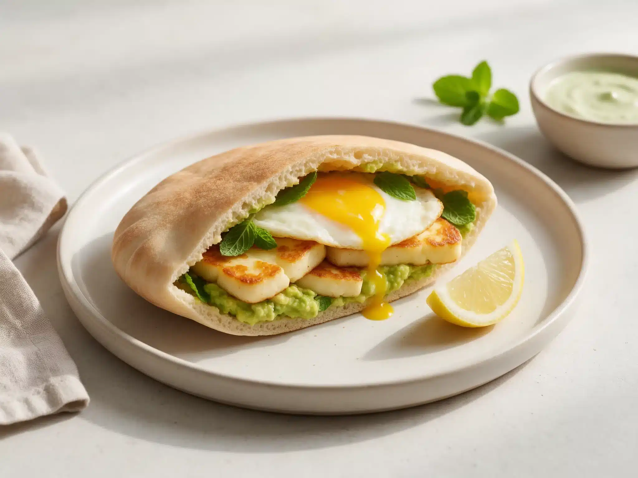Warm pita pocket filled with fried halloumi, mashed avocado, fried egg and mint