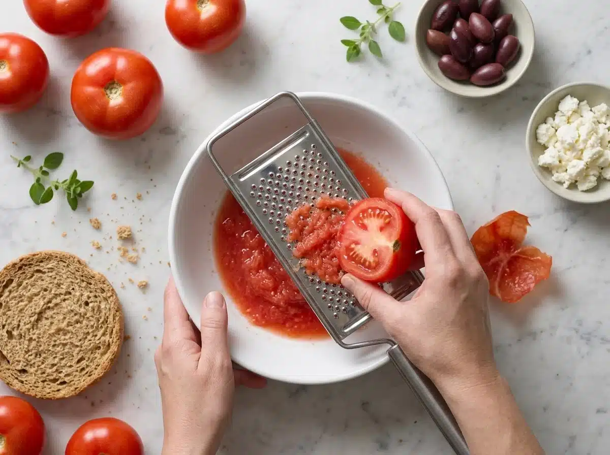 Hands grating a ripe tomato half on a box grater over a bowl, with juicy pulp and skin left behind