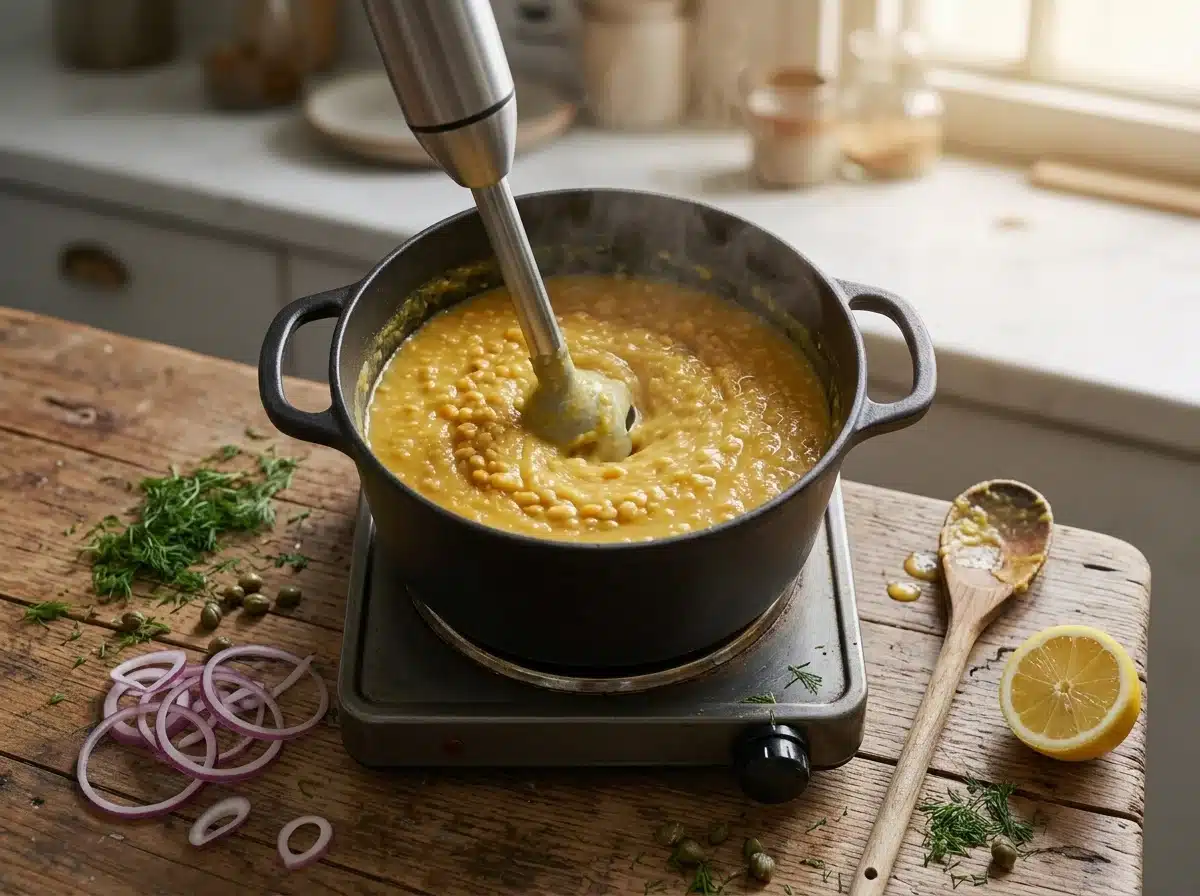 Immersion blender pulsing half the golden soup in a dark pot on the stove, with some whole peas still visible