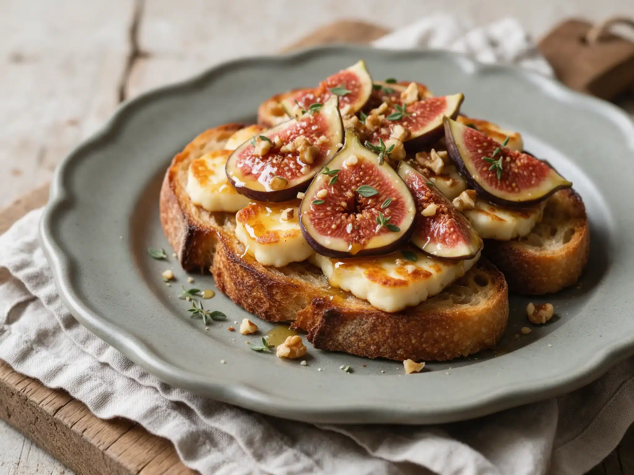 Sourdough toast with seared halloumi, sliced fresh figs, honey, walnuts and thyme