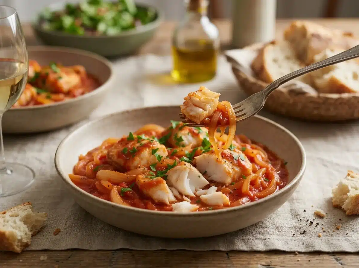 Two bowls of bourdeto beside crusty bread, a green salad, and white wine at a linen-covered lunch table