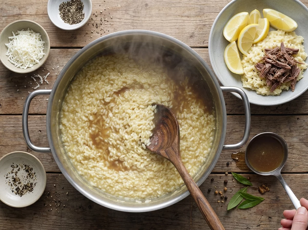 Rice stirred with a wooden spoon in a wide pot of simmering lamb broth, grains swelling as the liquid thickens