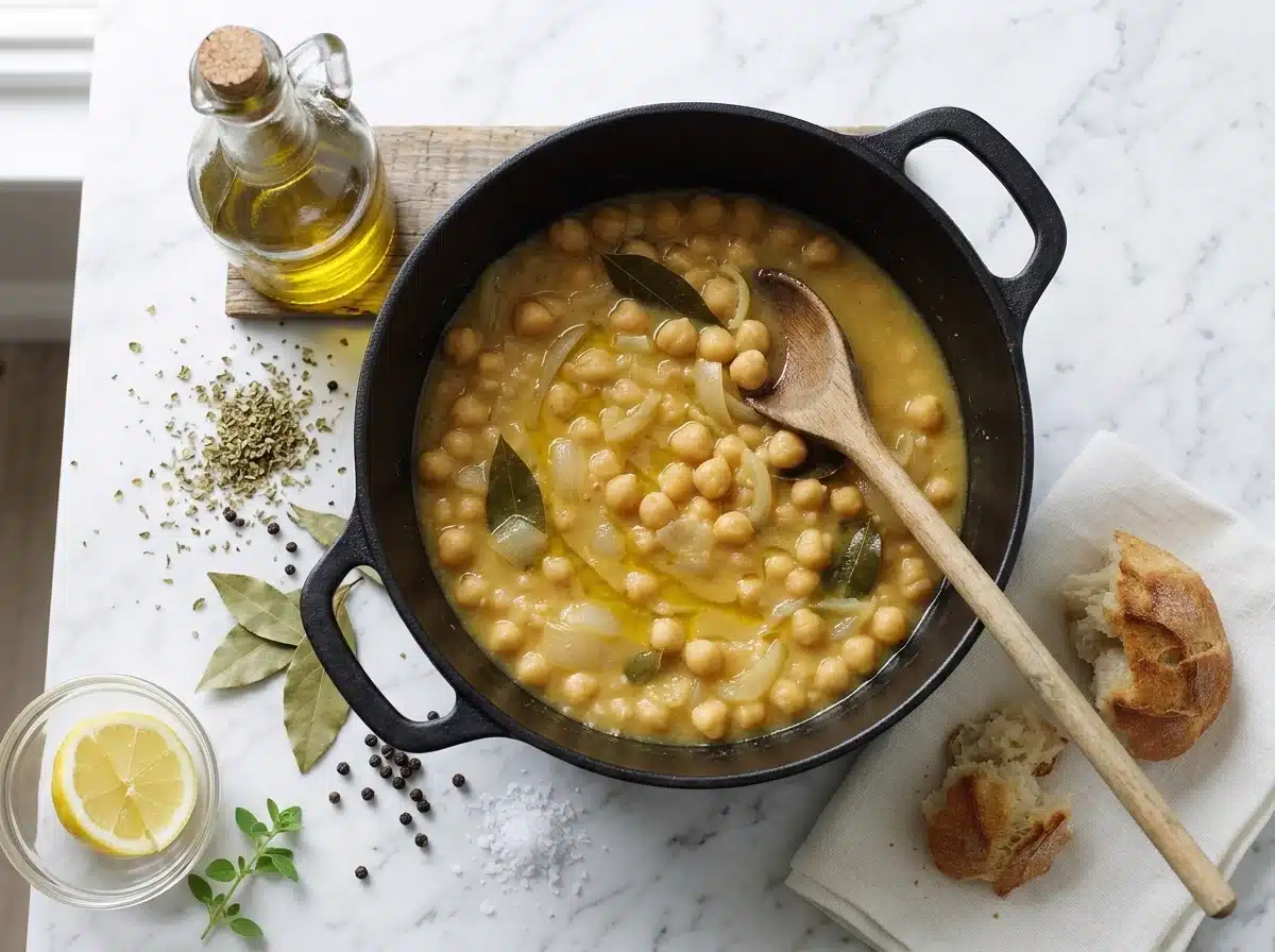 Sliced onions, soaked chickpeas and bay leaves sitting in an open cast-iron pot before the olive oil goes in