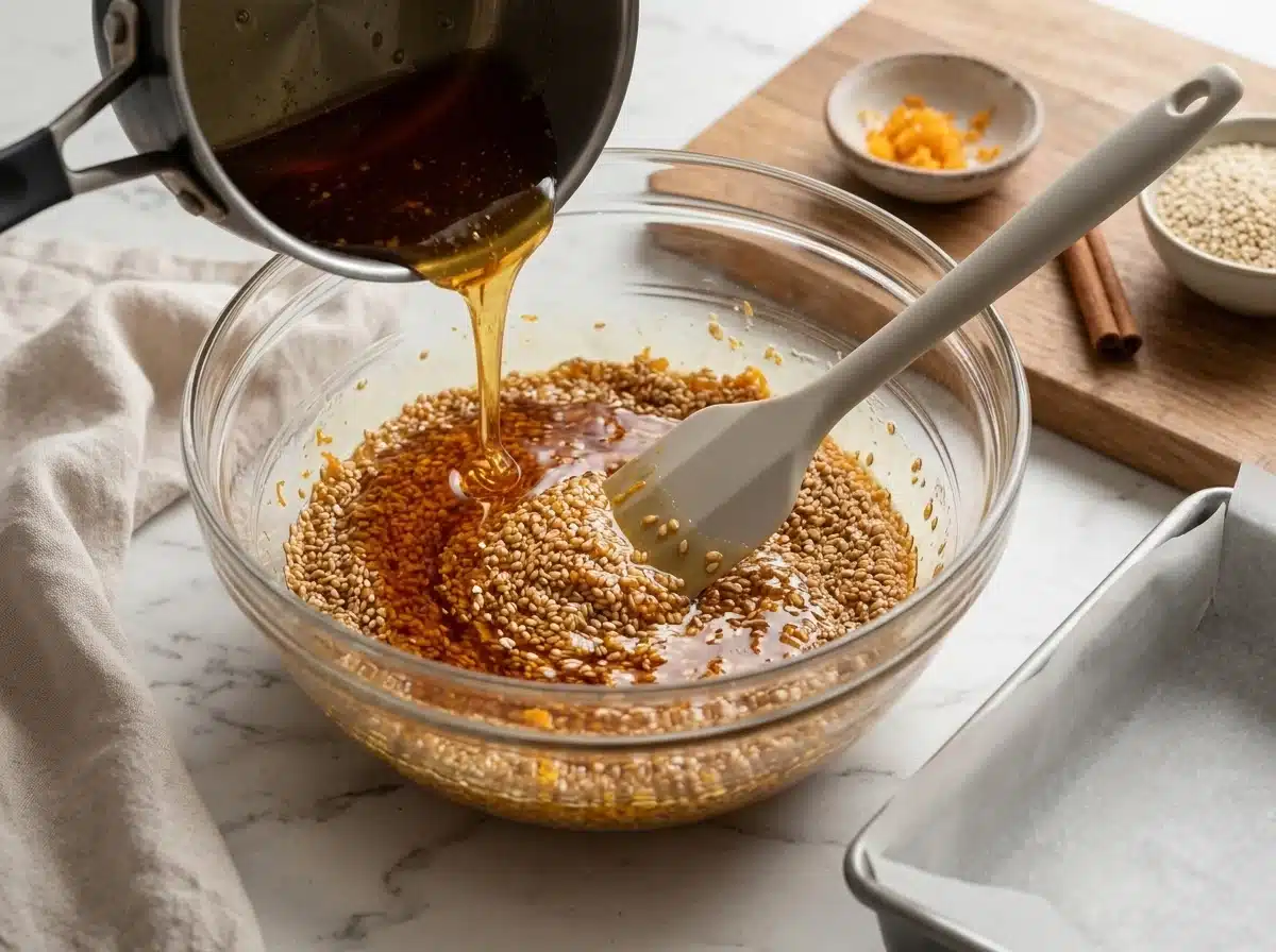 Hot honey syrup being stirred into toasted sesame seeds in a glass bowl with a silicone spatula