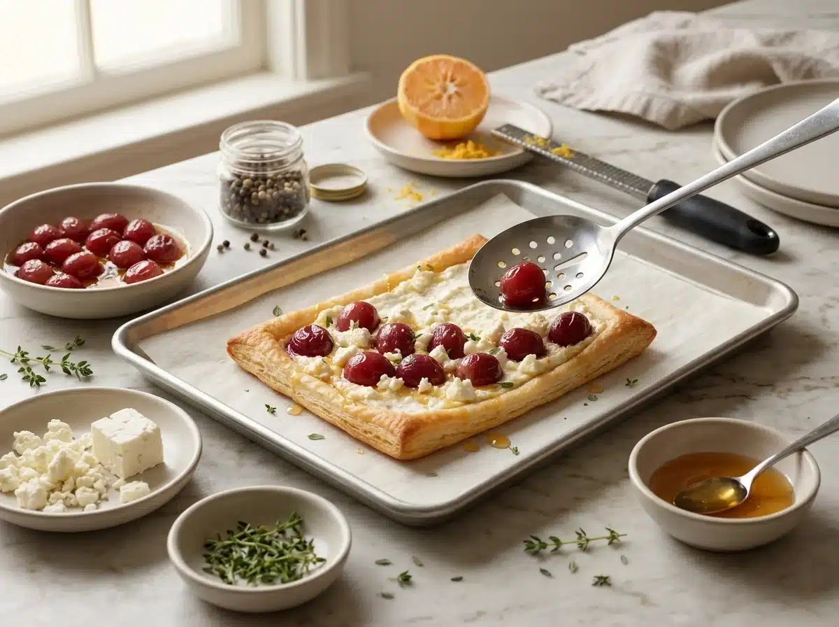 Hands spooning blistered red grapes onto ricotta-spread pastry, with feta crumbles waiting beside the pan