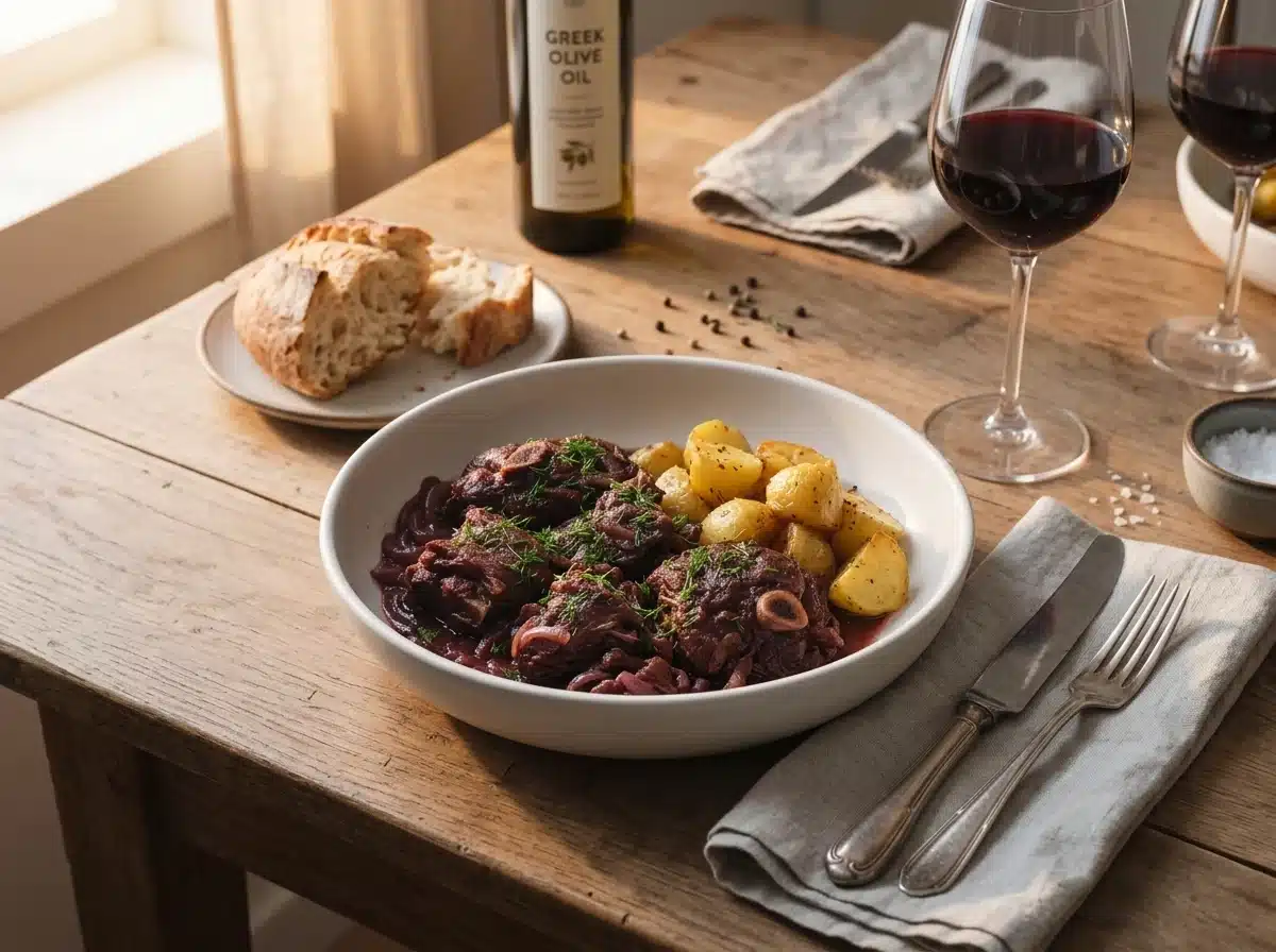 Bowls of lamb with roast potatoes and crusty bread on a linen-set table with two glasses of red wine