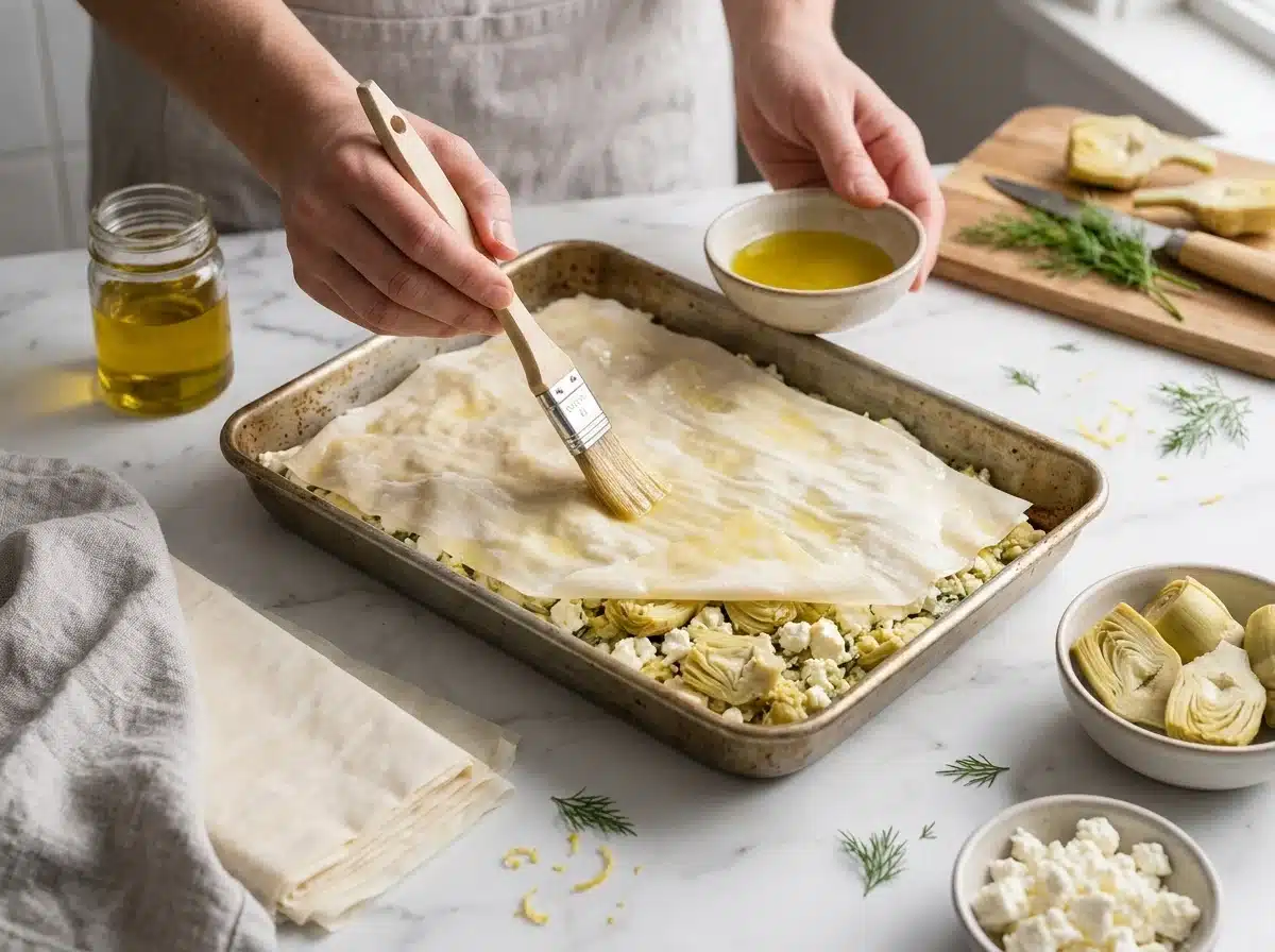 Hands brushing olive oil onto a phyllo sheet layered over the green filling in a rectangular dish