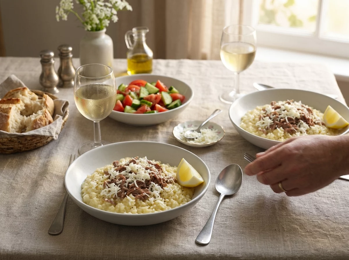 Two bowls of rice beside a tomato salad, bread and white wine on a linen-covered table in soft window light