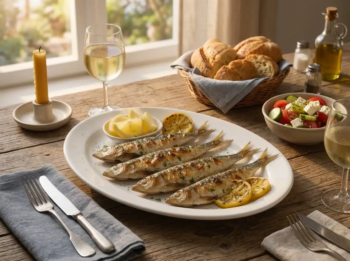 A table set for sharing with sardines, crusty bread, tomato salad, and a glass of white wine in window light
