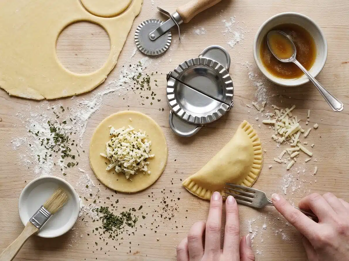 Hands pressing a fork along the edge of a folded ravioli on a floured counter beside a bowl of filling
