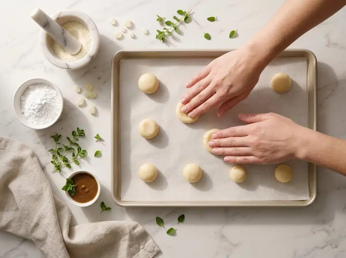 Hands pressing balls of pale cookie dough flat on a parchment-lined sheet pan before baking