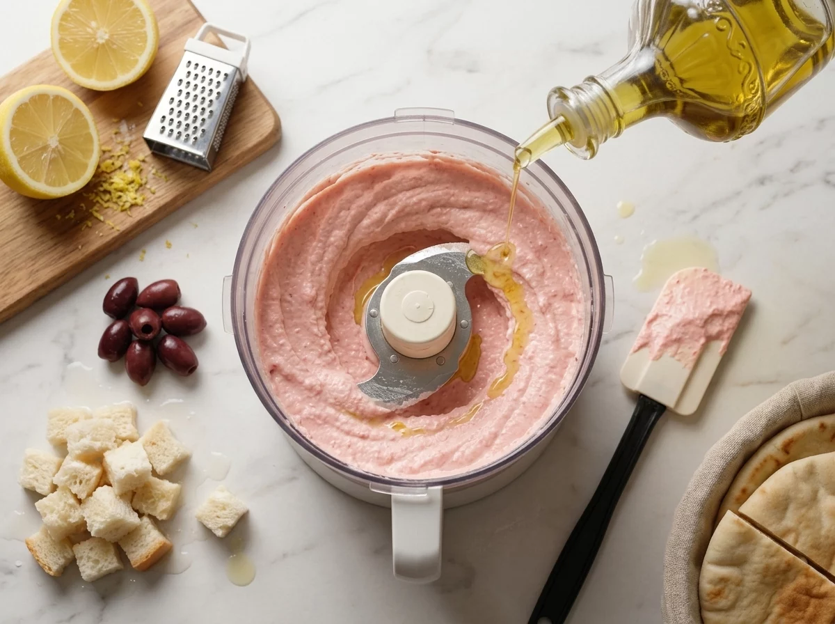 Food processor bowl with fluffy pink taramosalata as olive oil streams in, a spatula resting beside the lid
