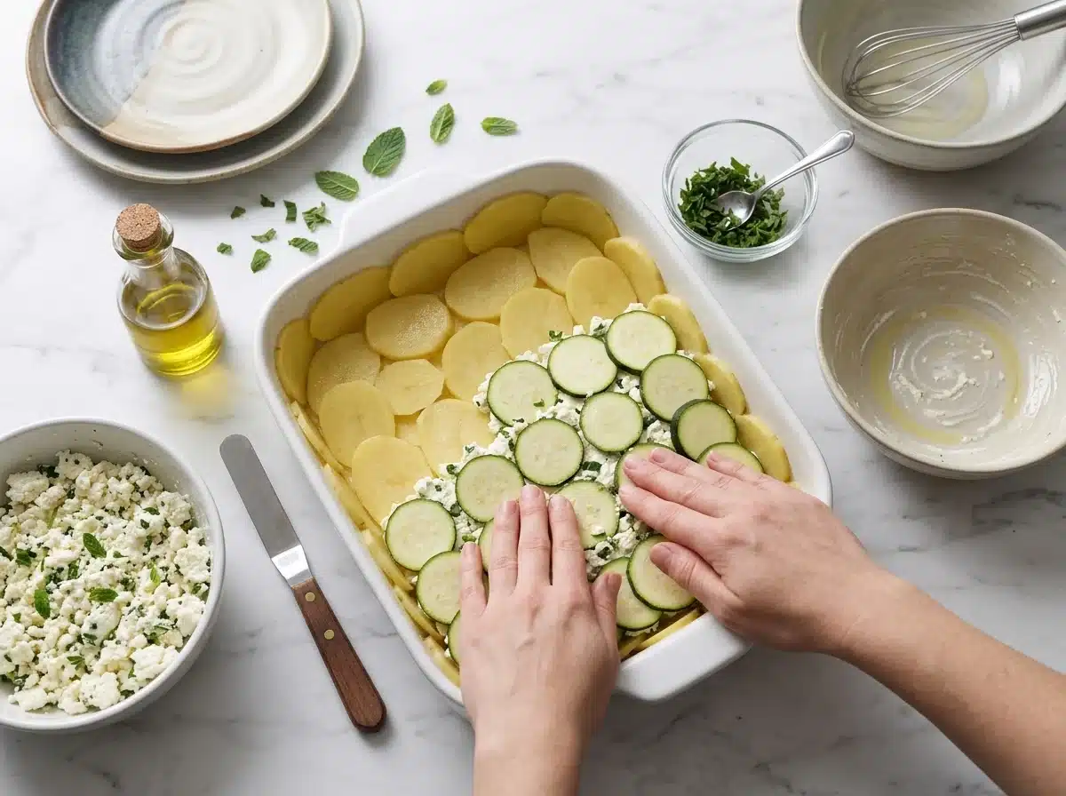 Hands pressing sliced courgette and potato layers with crumbled ricotta into an oiled baking dish