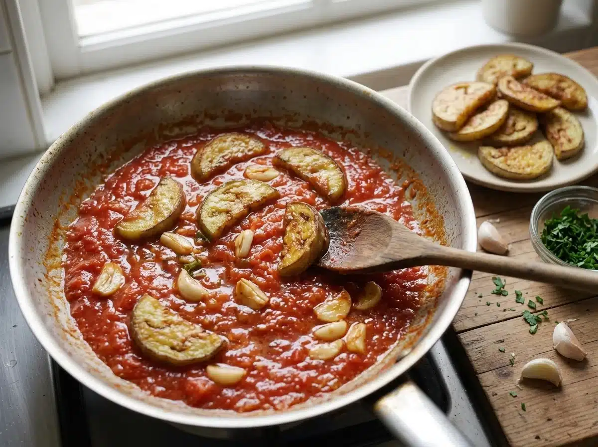 Wooden spoon stirring sliced garlic into bubbling tomato sauce in a wide skillet as browned slices rest nearby