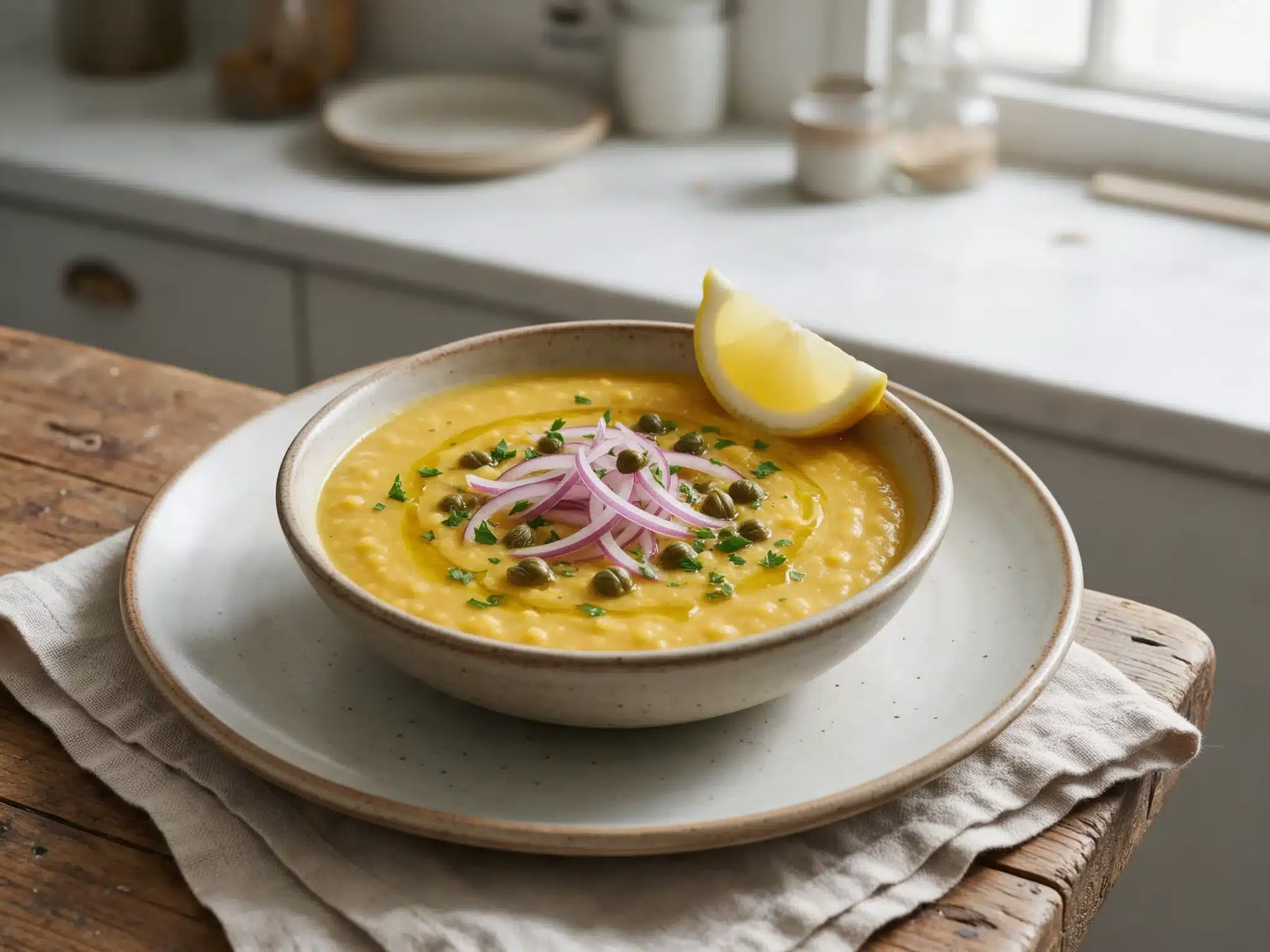 Cypriot Yellow Split Pea Soup with Lemon and Capers