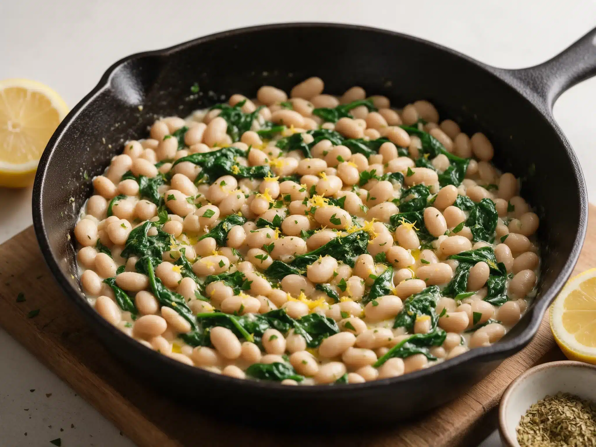 Lemon Oregano White Bean Skillet with Garlic and Spinach