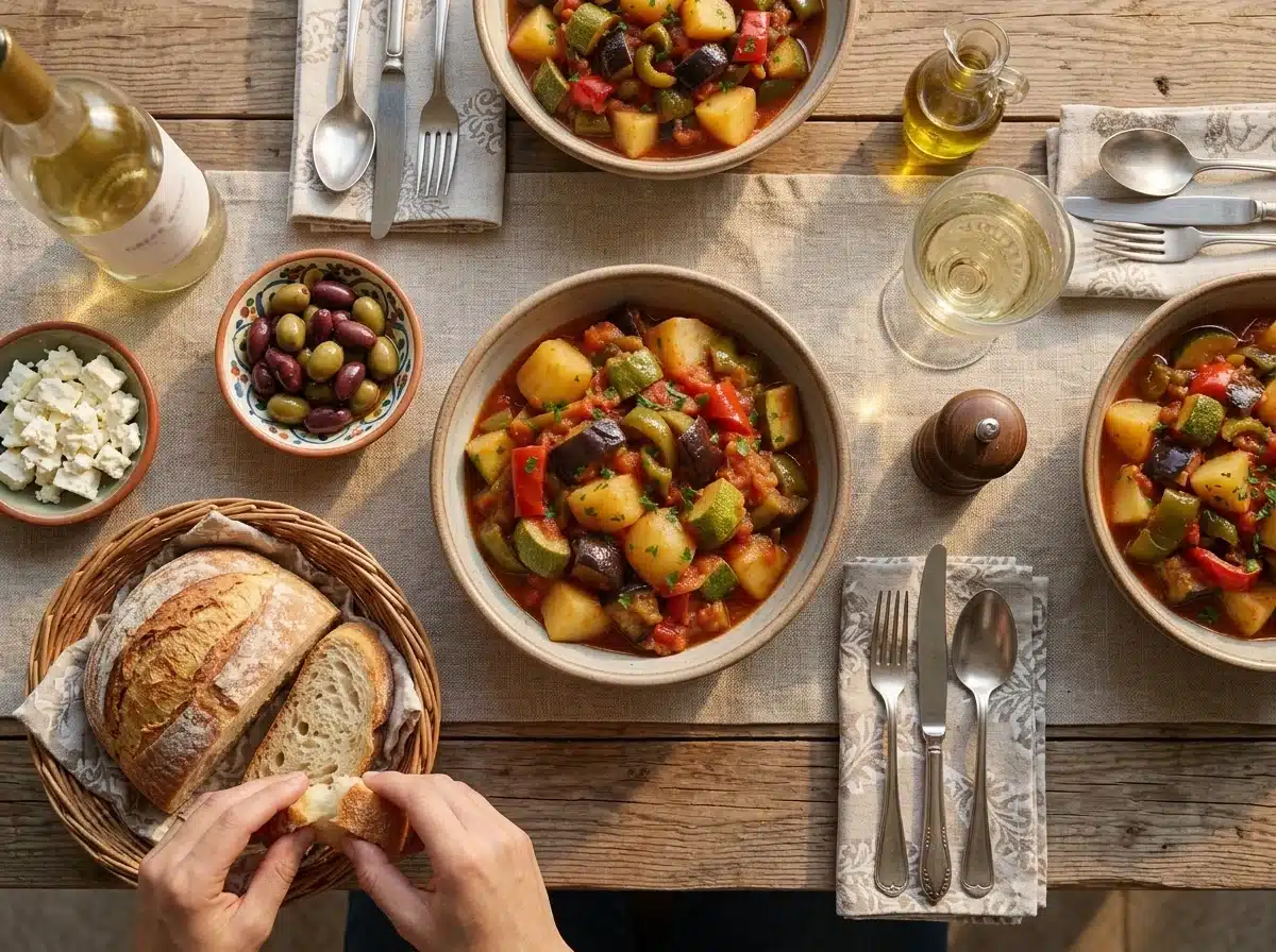 Two bowls of soufiko beside crusty bread, feta and a glass of white wine on a linen-covered outdoor table