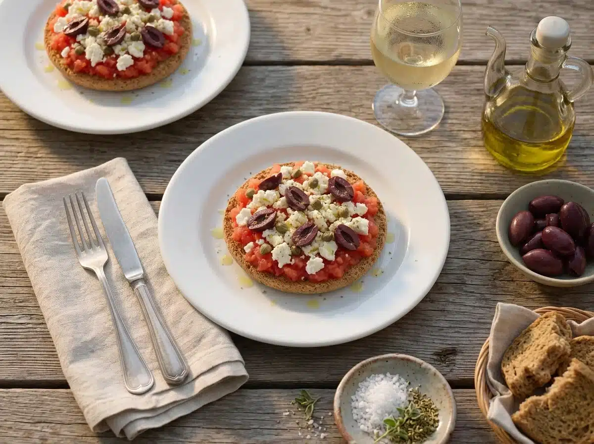 Two plates of dakos on an outdoor table with olive oil bottle, a glass of white wine, and linen napkins