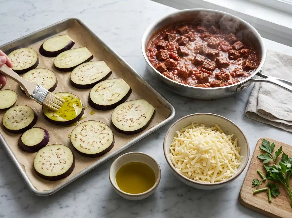 Hands brushing olive oil onto salted aubergine slices lined up on a parchment-covered sheet pan