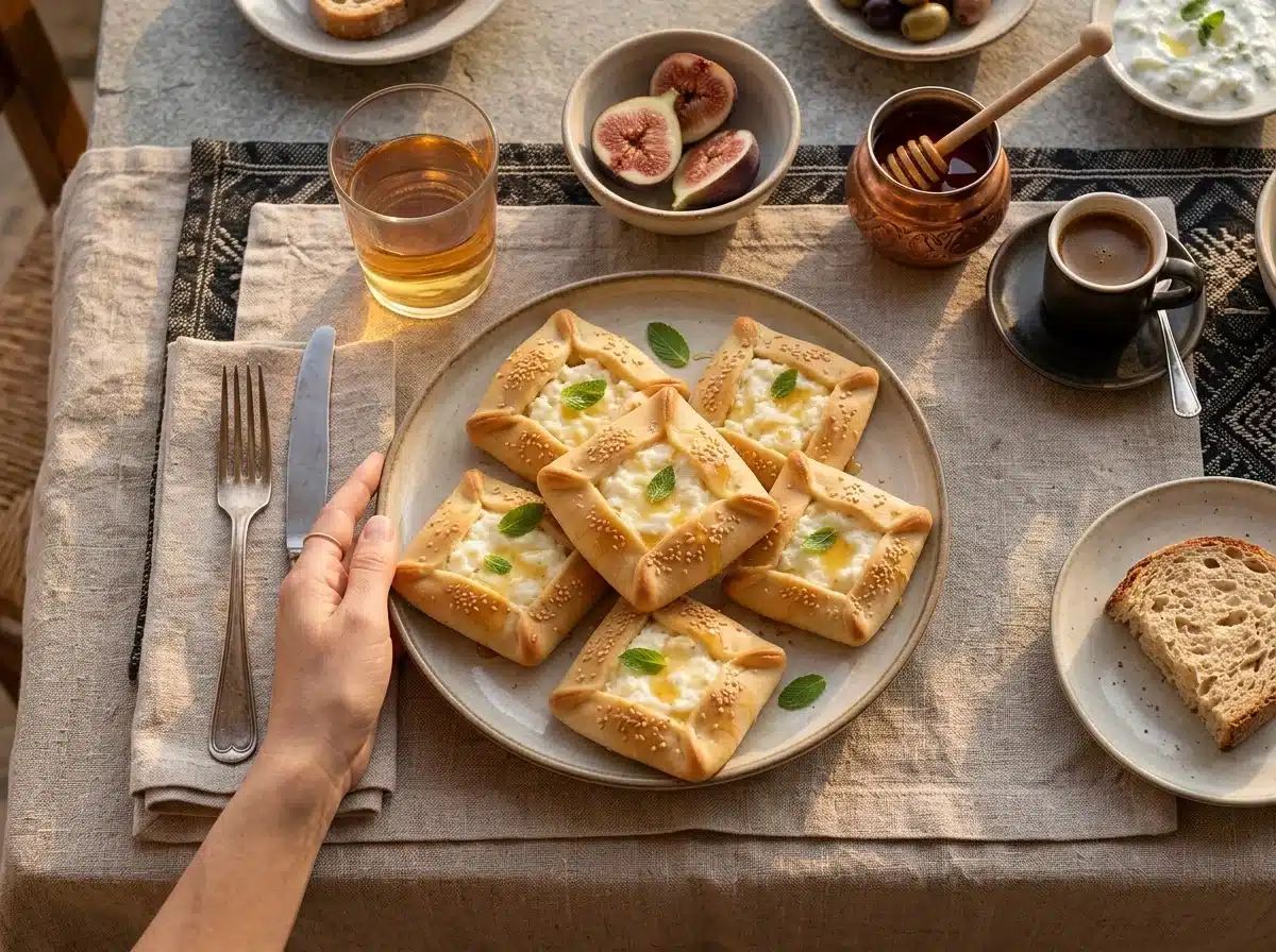 Two friends sharing warm pastries with small cups of Greek coffee at a sunny outdoor table