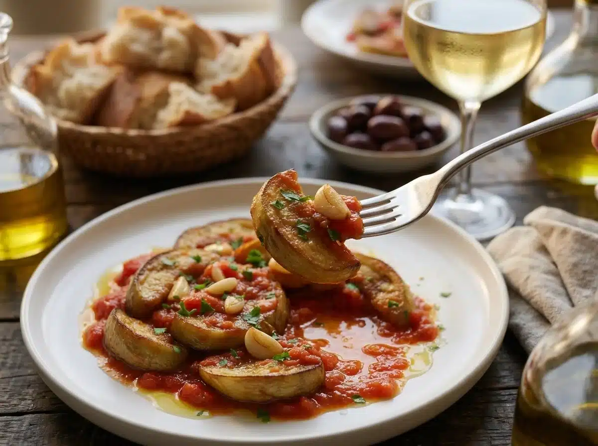 Skordostoumbi on a table with crusty bread, olives and a glass of white wine, ready for friends to share