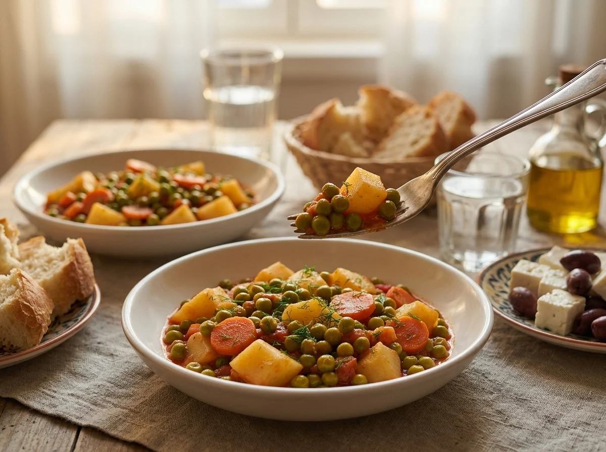 Two bowls of peas in tomato sauce beside crusty bread, feta and a glass of water on a linen-covered table