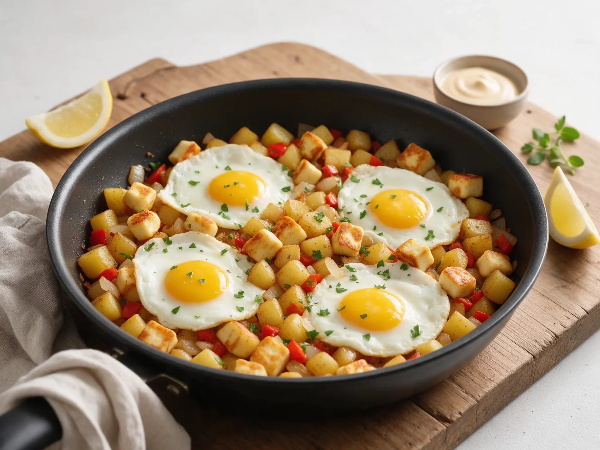 Easy Skillet Halloumi and Potato Hash with Fried Eggs
