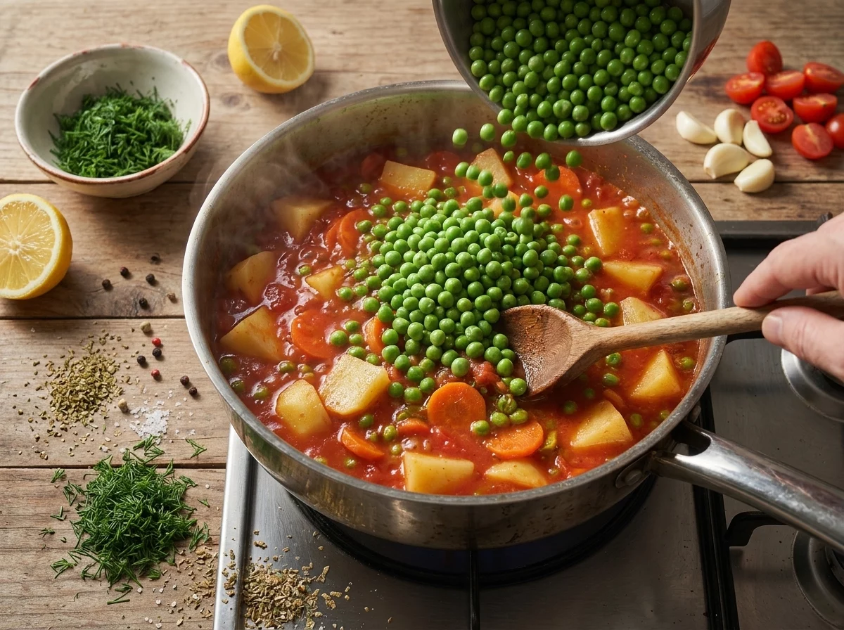 Frozen peas stirred into bubbling crushed tomato, carrot and potato in a wide pan with a wooden spoon