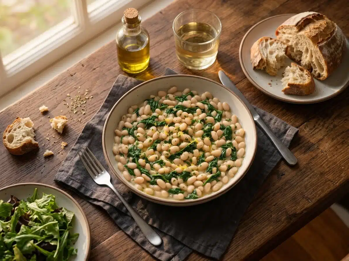 Two bowls of lemony beans with crusty bread, a linen napkin, and olive oil on a sunlit kitchen table